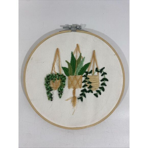 Handcrafted Hand Embroidered needlepoint OOAK Hanging House Plants Wall Art Piec - Picture 1 of 6